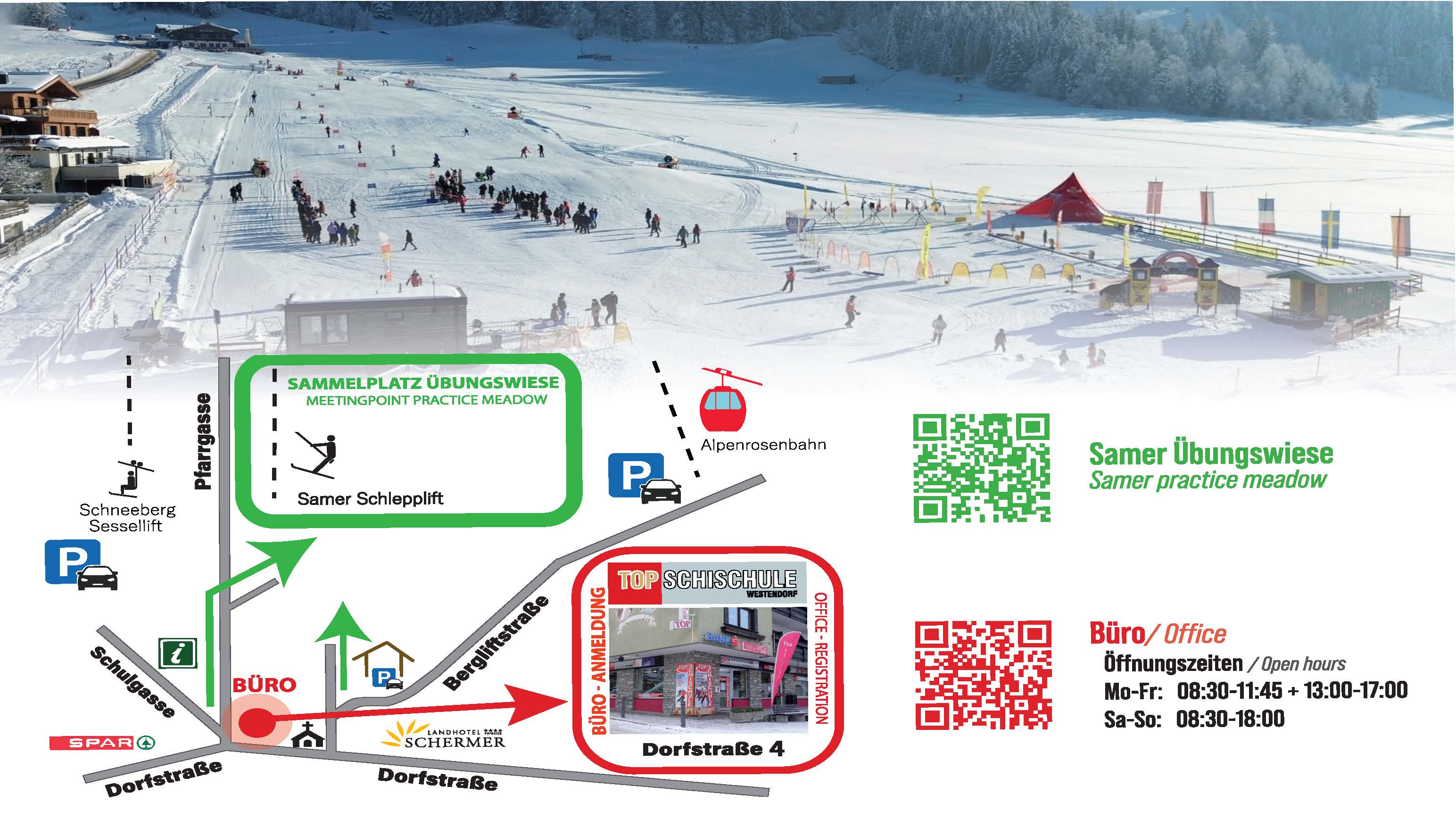 Map showing the ski school office and practice slope in Westendorf